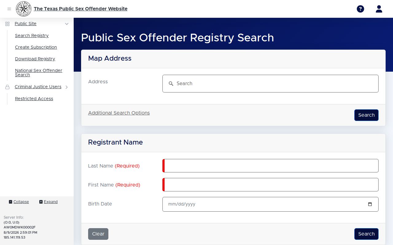Mason County sex offender lookup on the Texas public registry search form