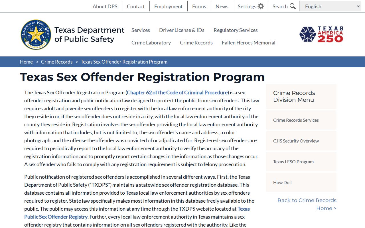 Mason County sex offender records information from the Texas DPS registration program