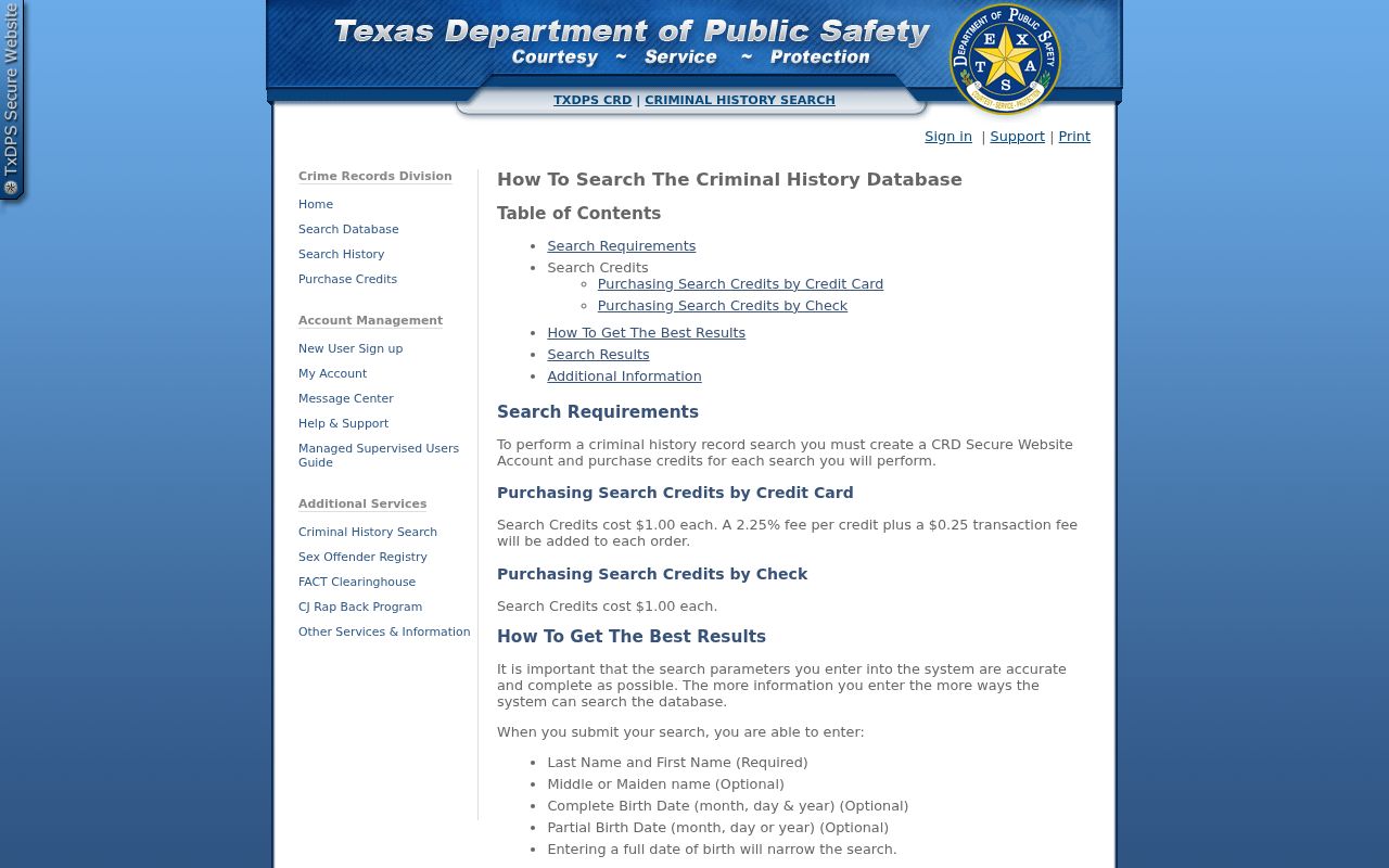 Mason County criminal record search credit instructions from Texas DPS